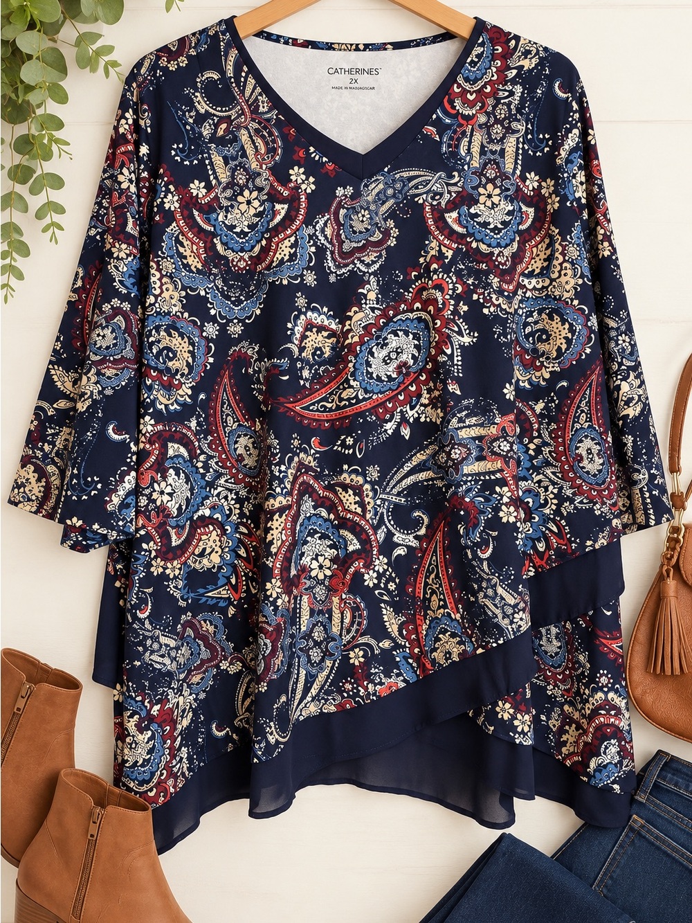 Catherines Navy Paisley Layered V‑Neck Tunic with Red and Cream Accents